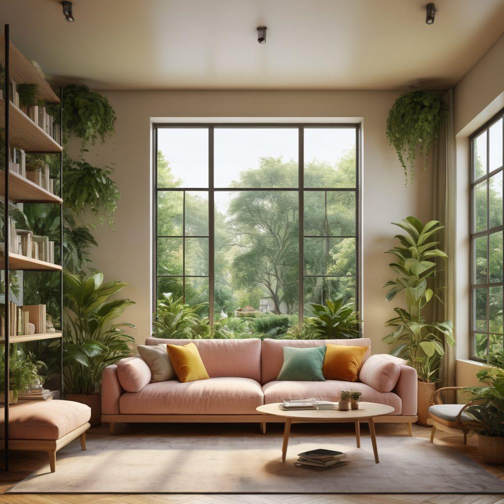 A tranquil, cozy indoor space filled with lush greenery, soft lighting, and comfortable furniture that invites relaxation. Incorporate a warm color palette with elements like plush cushions, bookshelves, and soothing artwork. Include a large window showcasing a beautiful garden outside, symbolizing connection with nature. The scene should evoke a sense of peace and shelter. super-realistic. vibrant colors. warm tones.