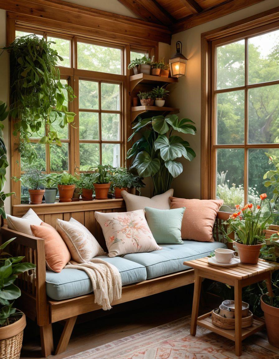A beautifully styled cozy she shed nestled in a tranquil garden, filled with soft lighting, plush cushions, and potted plants. The interior showcases warm decor elements, such as wooden furniture and inviting textiles. An open window reveals a serene natural landscape, inviting the outside in. Include a cup of tea on a small table for added warmth. super-realistic. vibrant colors. serene atmosphere.