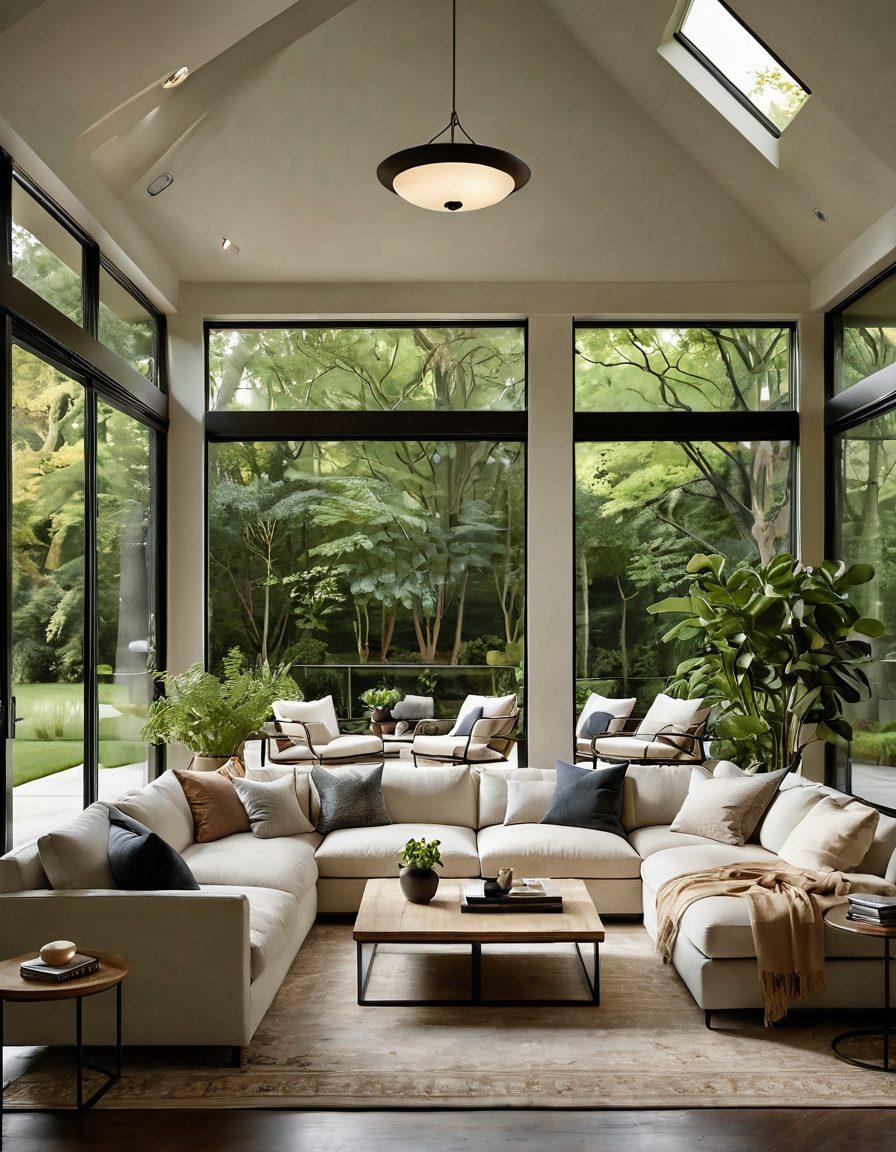 A beautifully designed living room featuring elegant, modern furniture beneath a stylish, oversized shelter that integrates nature and architecture. Soft, ambient lighting casts a warm glow, highlighting cozy textiles and greenery. The ambiance reflects sophistication and comfort, inviting the viewer to elevate their home. Imagery should encapsulate the essence of sheltered elegance with a harmonious design. super-realistic. vibrant colors. serene atmosphere.
